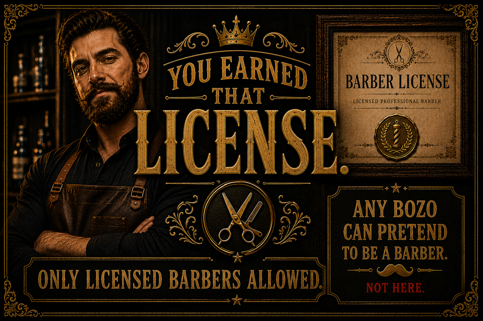 You earned that license. Only licensed barbers allowed. Any bozo can pretend to be a barber. Not here.