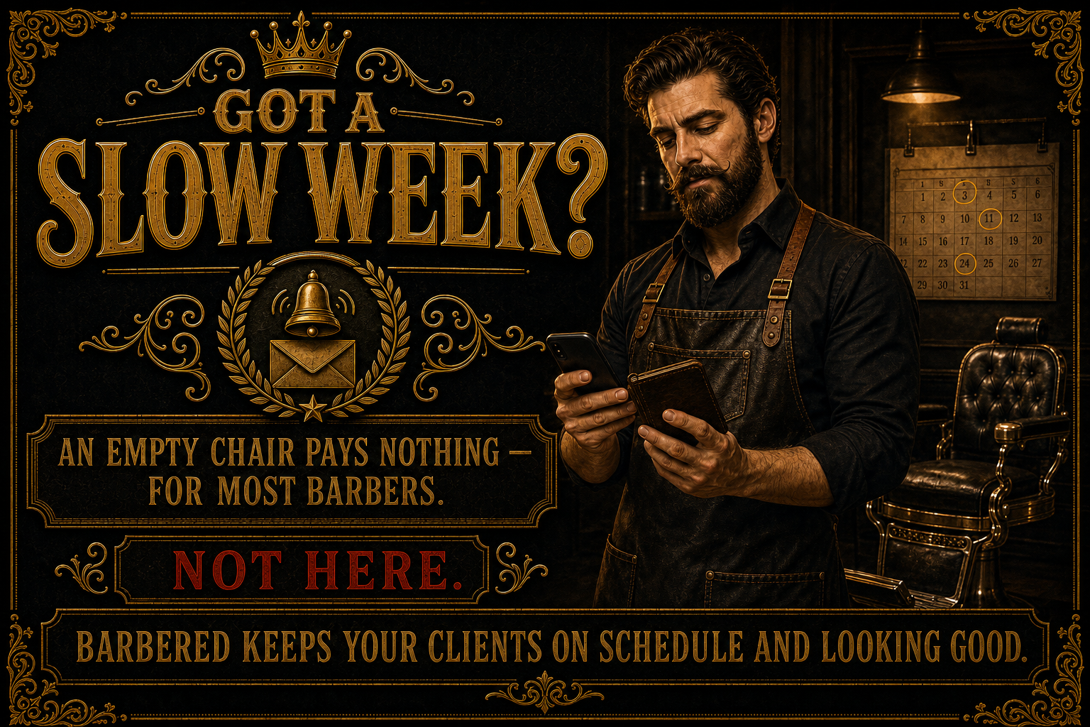 Got a slow week? An empty chair pays nothing — for most barbers. Not here. Barbered keeps your clients on schedule and looking good.