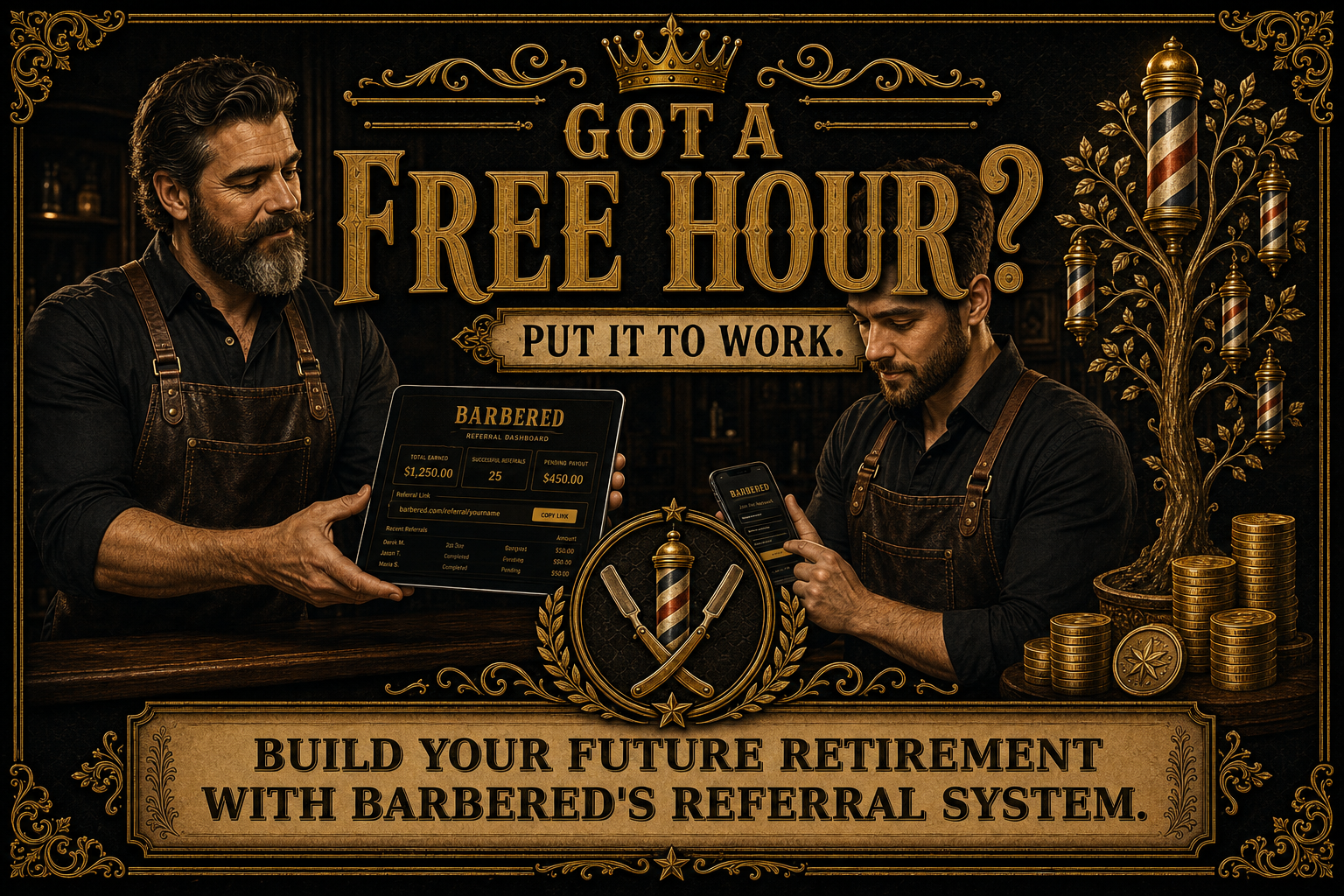 Got a free hour? Put it to work. Build your future retirement with Barbered's referral system.